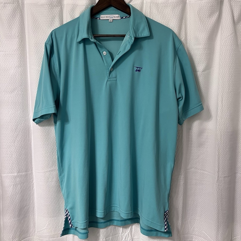 Bald Head‎ Blues Golf Polo Shirt Mens L Solid Green Performance Stretch Logo EC